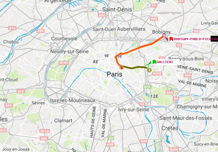 plan itinéraire ratp de Gallieni (Parc de Bagnolet) à Bobigny-Pablo-Picasso
