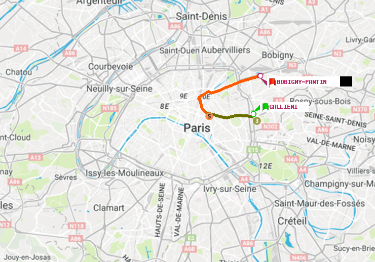 plan itinéraire ratp de Gallieni (Parc de Bagnolet) à Bobigny-Pantin (Raymond Queneau)