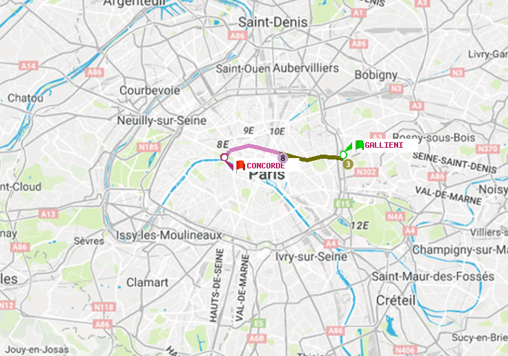 plan itinéraire ratp de Gallieni (Parc de Bagnolet) à Concorde