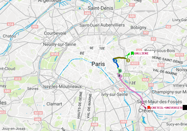 plan itinéraire ratp de Gallieni (Parc de Bagnolet) à Créteil-Université
