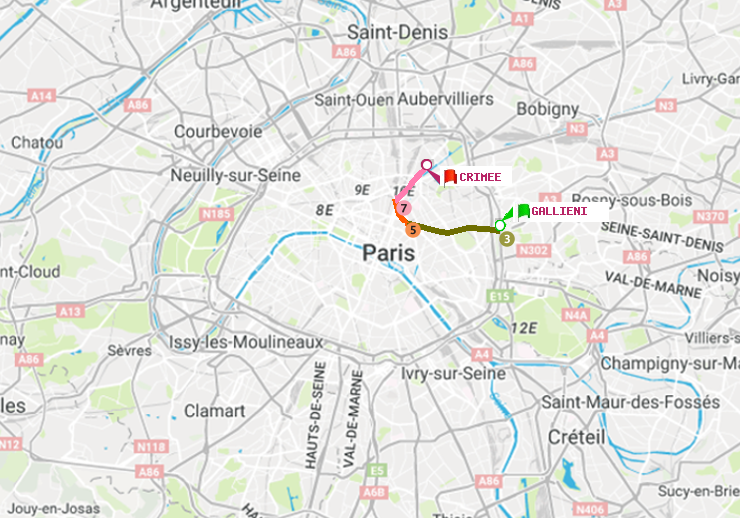 plan itinéraire ratp de Gallieni (Parc de Bagnolet) à Crimée