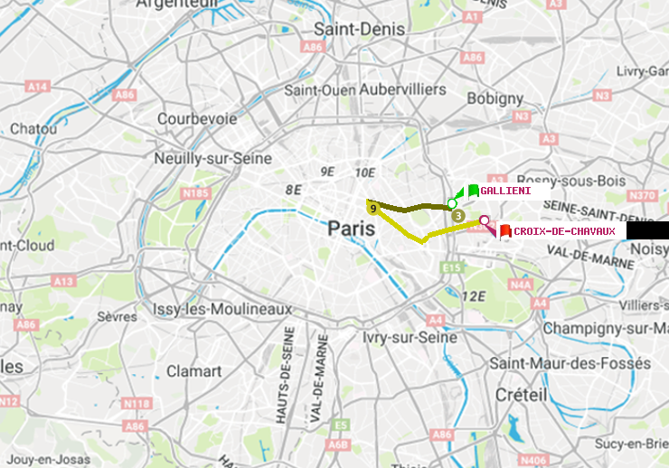 plan itinéraire ratp de Gallieni (Parc de Bagnolet) à Croix-de-Chavaux (Jacques Duclos)