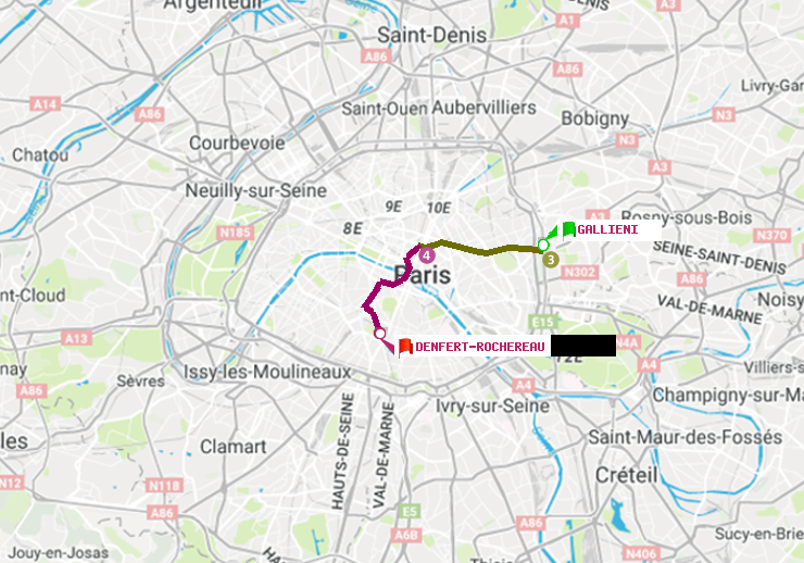 plan itinéraire ratp de Gallieni (Parc de Bagnolet) à Denfert-Rochereau