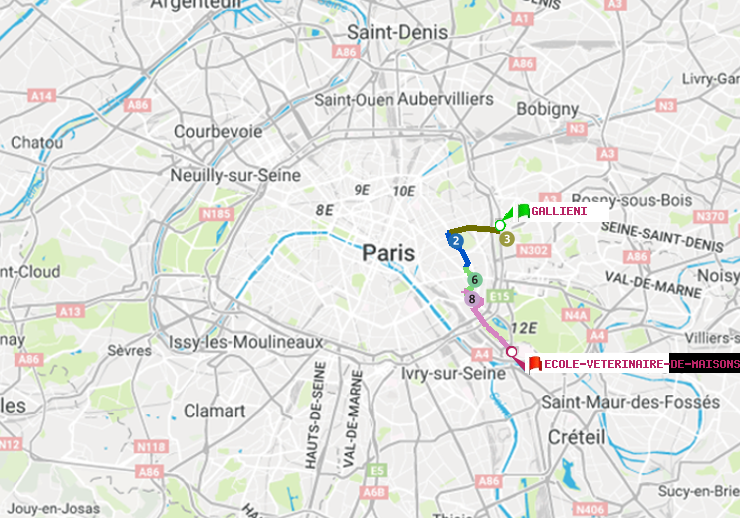plan itinéraire ratp de Gallieni (Parc de Bagnolet) à Ecole Vétérinaire de Maisons-Alfort