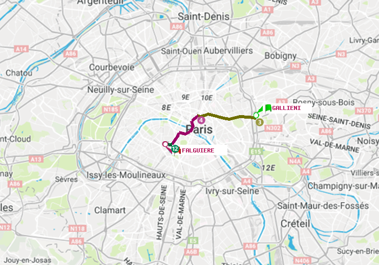 plan itinéraire ratp de Gallieni (Parc de Bagnolet) à Falguière