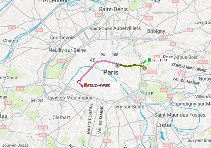 plan itinéraire ratp de Gallieni (Parc de Bagnolet) à Félix Faure