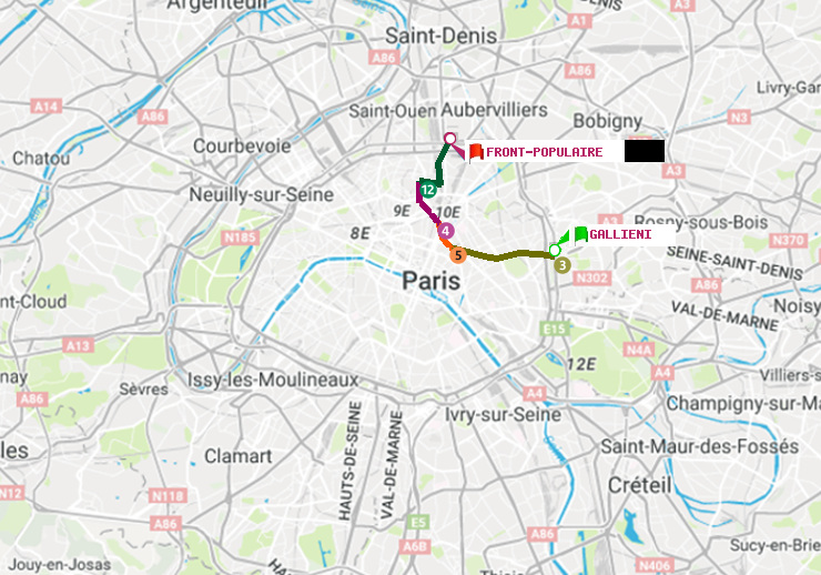 plan itinéraire ratp de Gallieni (Parc de Bagnolet) à Front Populaire