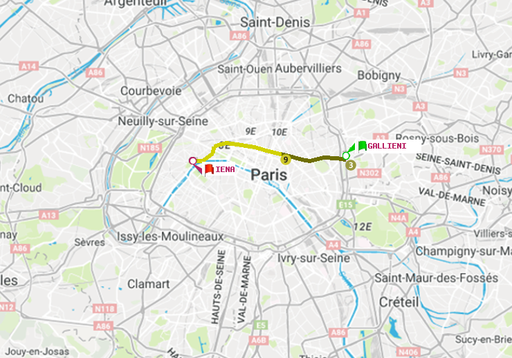 plan itinéraire ratp de Gallieni (Parc de Bagnolet) à Iéna