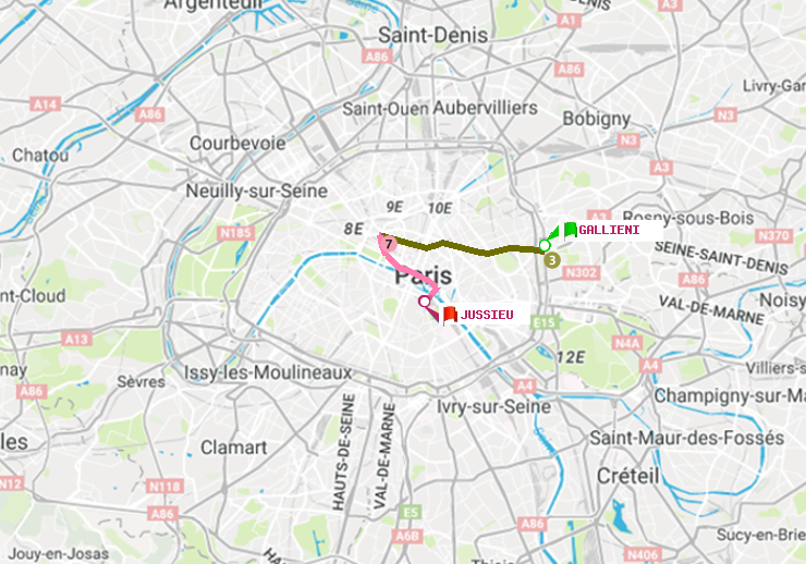 plan itinéraire ratp de Gallieni (Parc de Bagnolet) à Jussieu