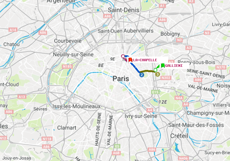 plan itinéraire ratp de Gallieni (Parc de Bagnolet) à La Chapelle