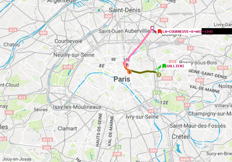 plan itinéraire ratp de Gallieni (Parc de Bagnolet) à La Courneuve-8-Mai-1945