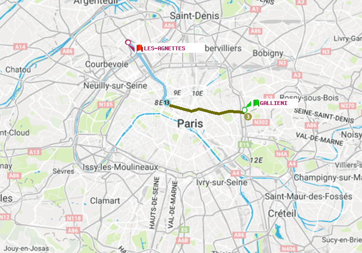plan itinéraire ratp de Gallieni (Parc de Bagnolet) à Les Agnettes