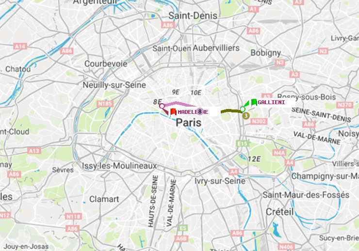 plan itinéraire ratp de Gallieni (Parc de Bagnolet) à Madeleine
