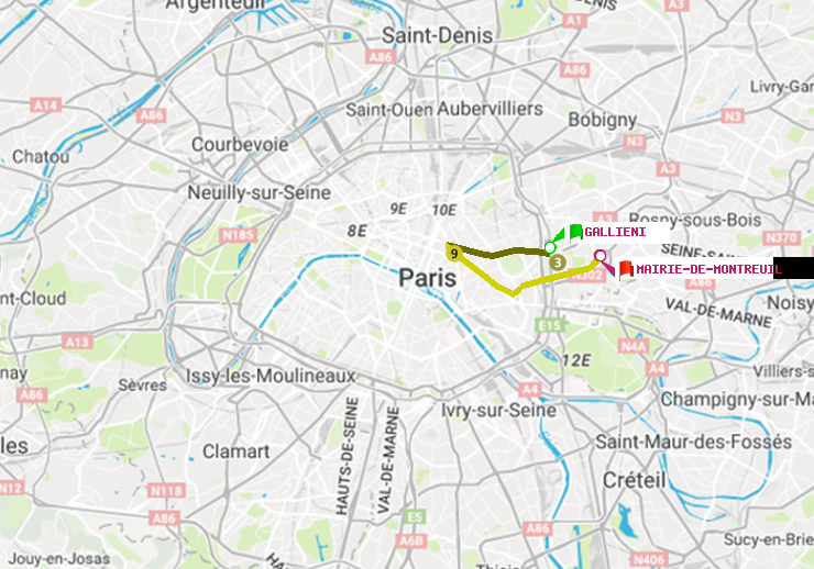 plan itinéraire ratp de Gallieni (Parc de Bagnolet) à Mairie de Montreuil