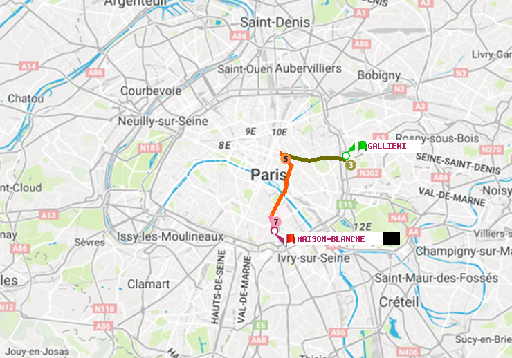 plan itinéraire ratp de Gallieni (Parc de Bagnolet) à Maison Blanche