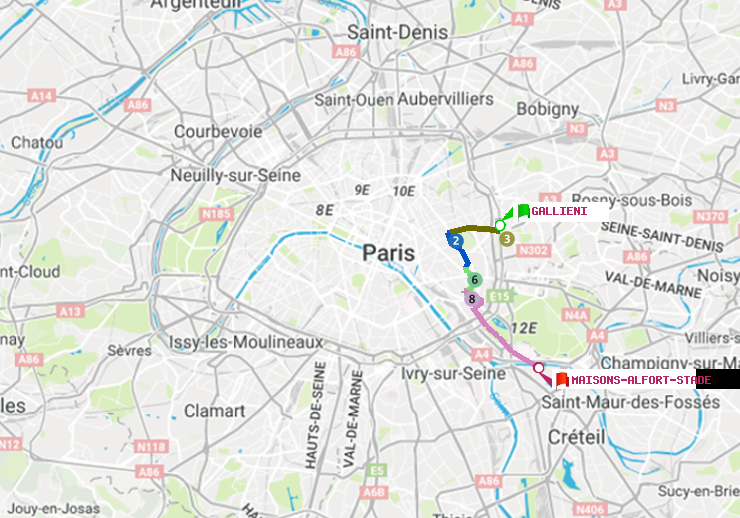 plan itinéraire ratp de Gallieni (Parc de Bagnolet) à Maisons-Alfort-Stade