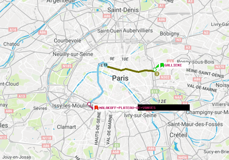 plan itinéraire ratp de Gallieni (Parc de Bagnolet) à Malakoff-Plateau de Vanves