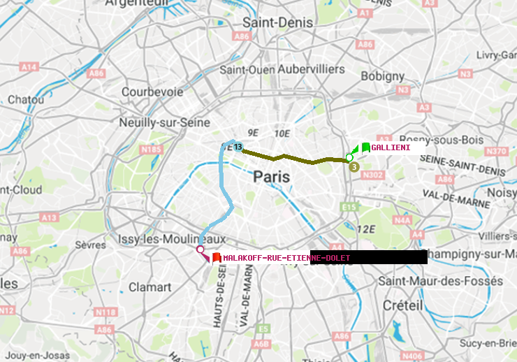 plan itinéraire ratp de Gallieni (Parc de Bagnolet) à Malakoff-Rue Etienne Dolet