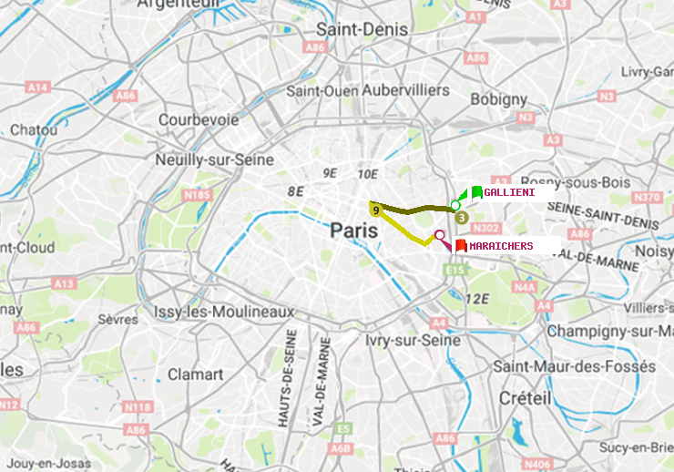 plan itinéraire ratp de Gallieni (Parc de Bagnolet) à Maraichers