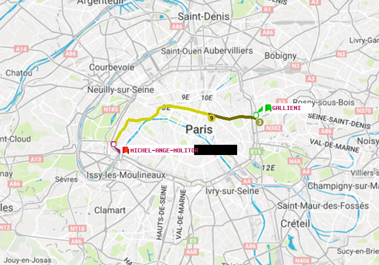plan itinéraire ratp de Gallieni (Parc de Bagnolet) à Michel-Ange-Molitor