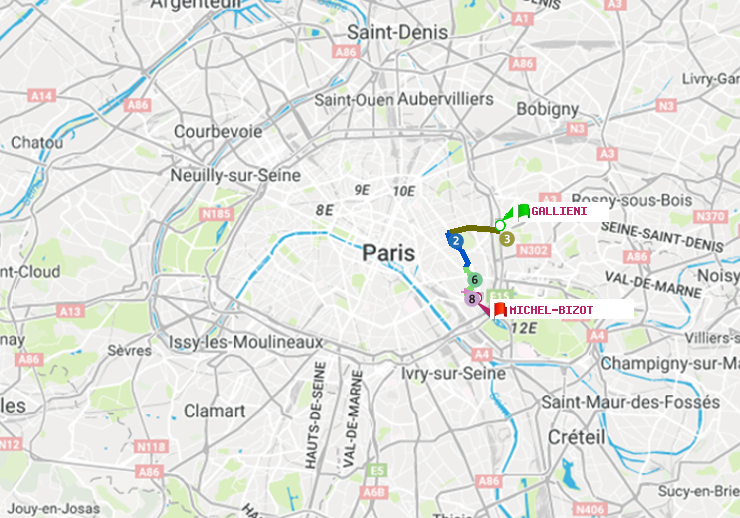 plan itinéraire ratp de Gallieni (Parc de Bagnolet) à Michel Bizot