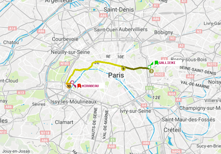 plan itinéraire ratp de Gallieni (Parc de Bagnolet) à Mirabeau