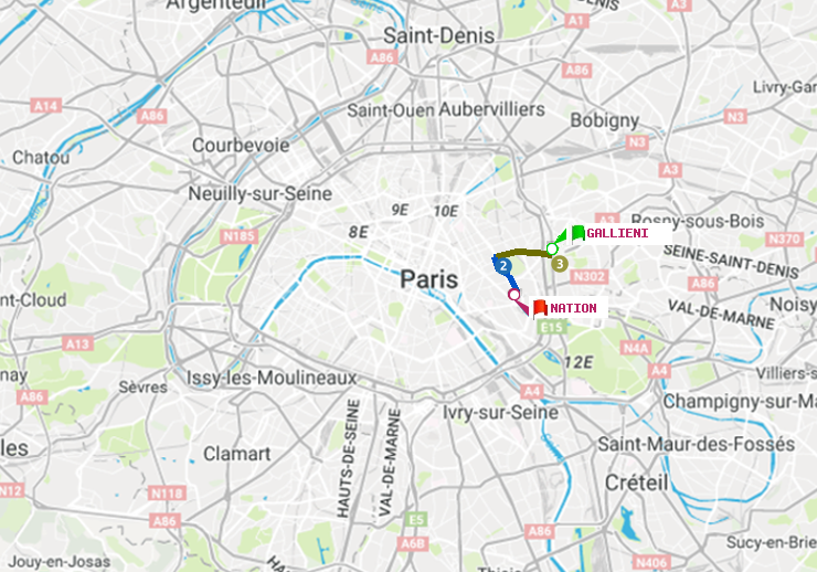 plan itinéraire ratp de Gallieni (Parc de Bagnolet) à Nation