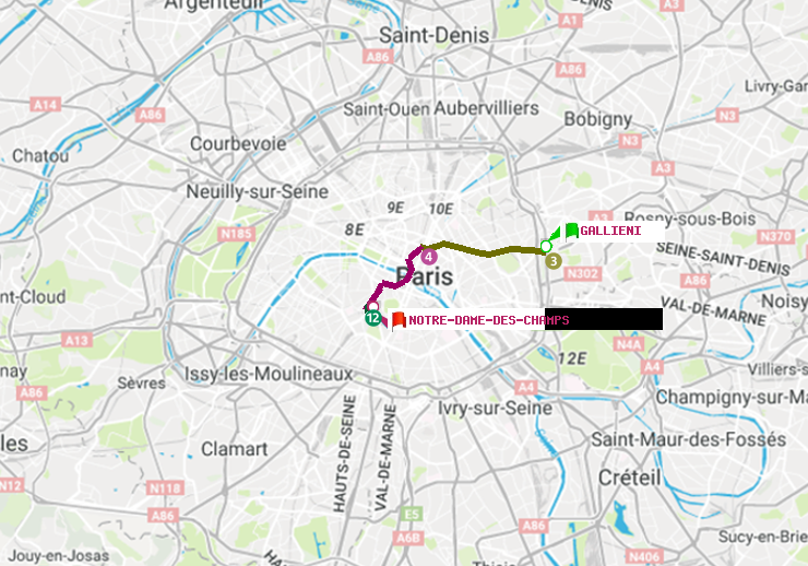 plan itinéraire ratp de Gallieni (Parc de Bagnolet) à Notre-Dame des Champs