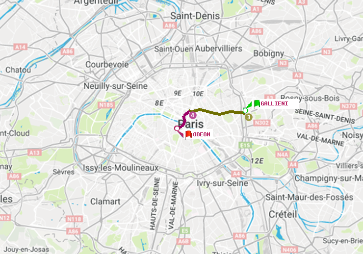 plan itinéraire ratp de Gallieni (Parc de Bagnolet) à Odéon