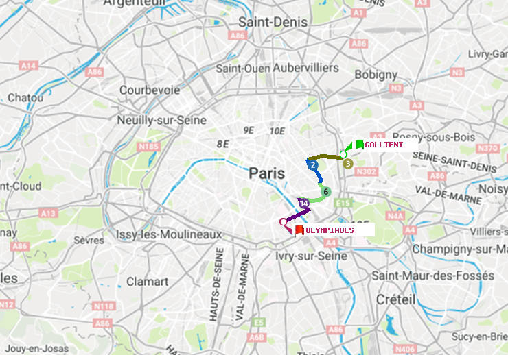 plan itinéraire ratp de Gallieni (Parc de Bagnolet) à Olympiades