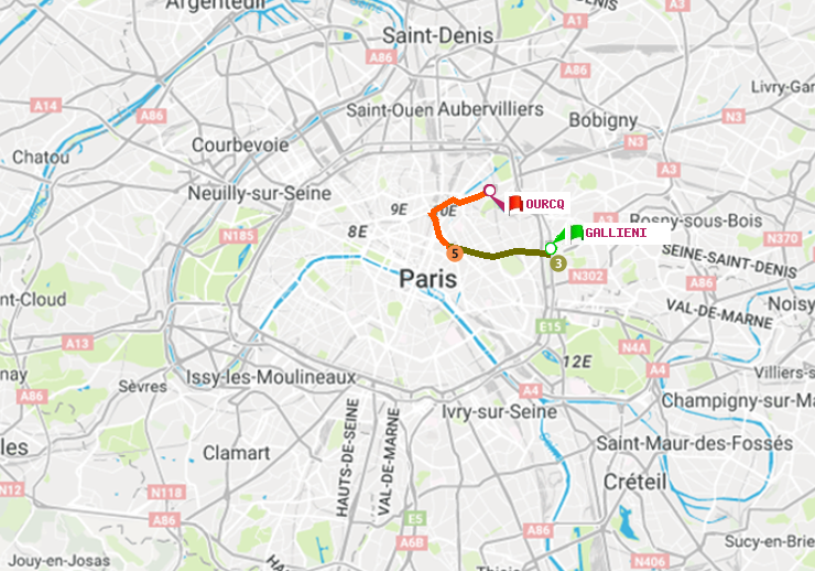 plan itinéraire ratp de Gallieni (Parc de Bagnolet) à Ourcq