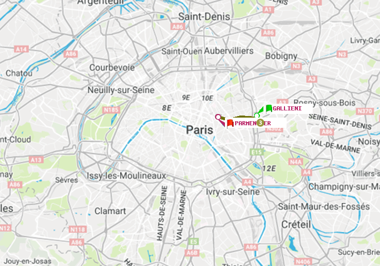 plan itinéraire ratp de Gallieni (Parc de Bagnolet) à Parmentier