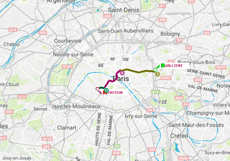 plan itinéraire ratp de Gallieni (Parc de Bagnolet) à Pasteur