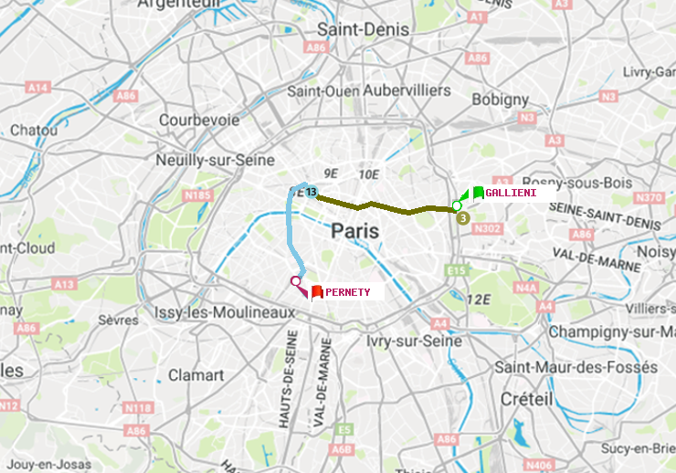 plan itinéraire ratp de Gallieni (Parc de Bagnolet) à Pernety
