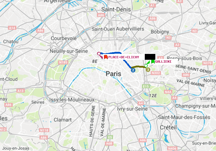 plan itinéraire ratp de Gallieni (Parc de Bagnolet) à Place de Clichy
