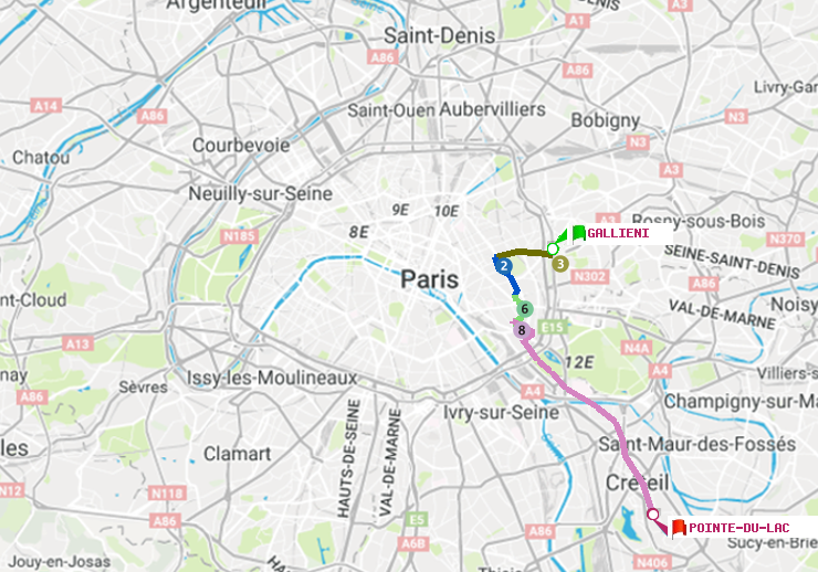 plan itinéraire ratp de Gallieni (Parc de Bagnolet) à Pointe du Lac