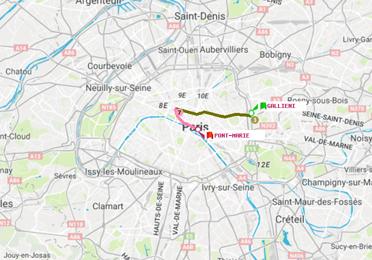 plan itinéraire ratp de Gallieni (Parc de Bagnolet) à Pont Marie (Cité des Arts)