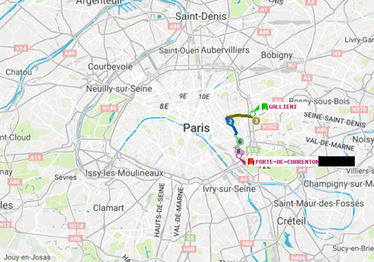 plan itinéraire ratp de Gallieni (Parc de Bagnolet) à Porte de Charenton