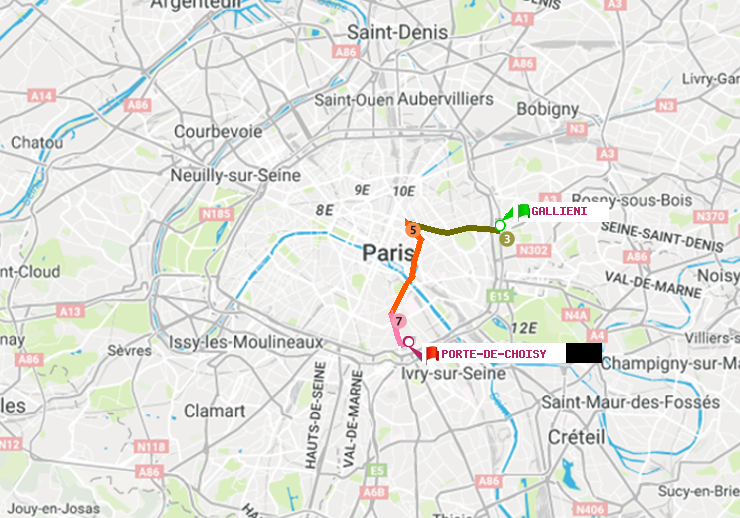plan itinéraire ratp de Gallieni (Parc de Bagnolet) à Porte de Choisy