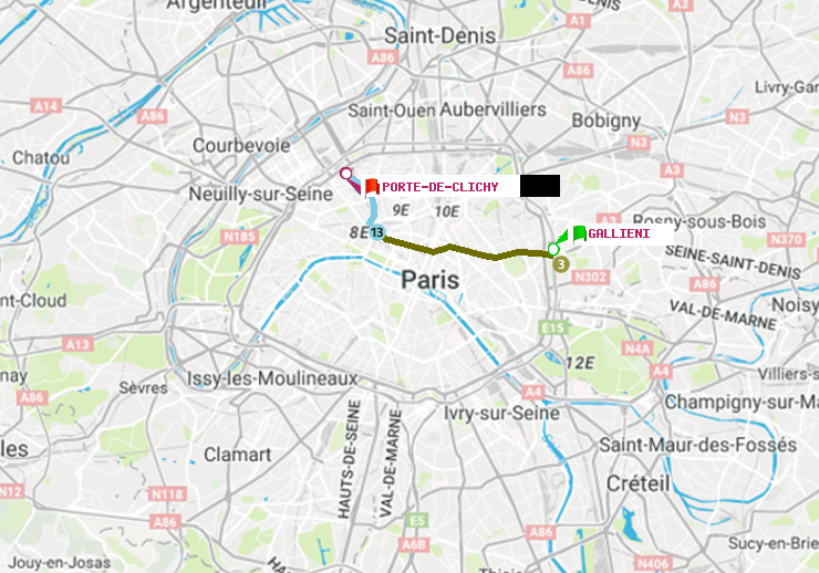 plan itinéraire ratp de Gallieni (Parc de Bagnolet) à Porte de Clichy