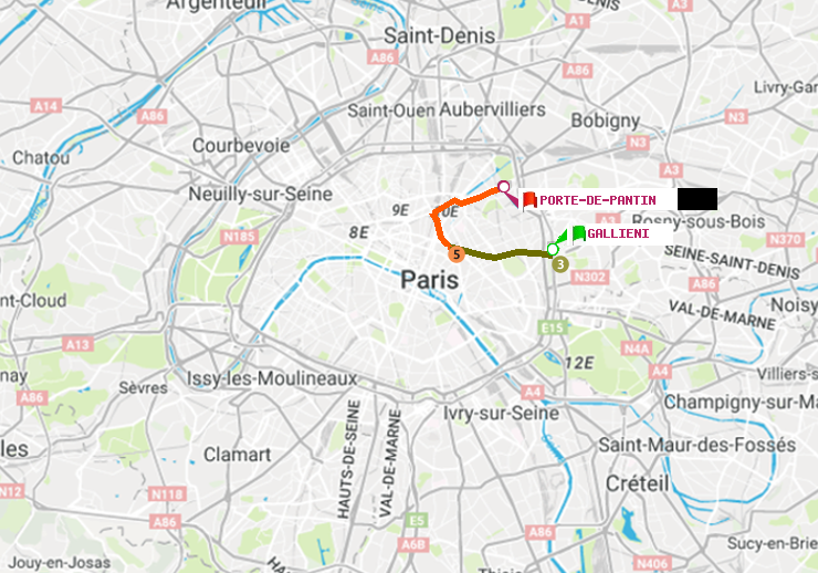 plan itinéraire ratp de Gallieni (Parc de Bagnolet) à Porte de Pantin