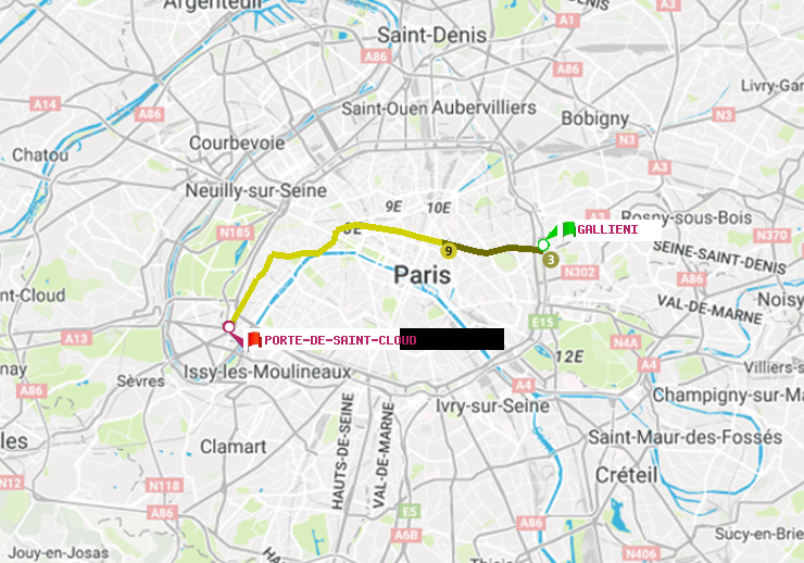 plan itinéraire ratp de Gallieni (Parc de Bagnolet) à Porte de Saint-Cloud