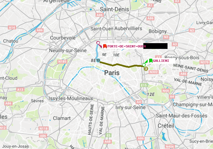 plan itinéraire ratp de Gallieni (Parc de Bagnolet) à Porte de Saint-Ouen