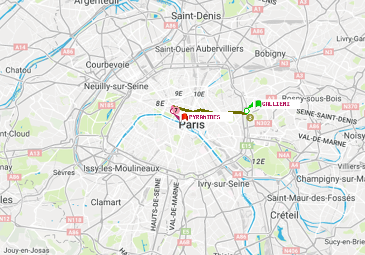 plan itinéraire ratp de Gallieni (Parc de Bagnolet) à Pyramides