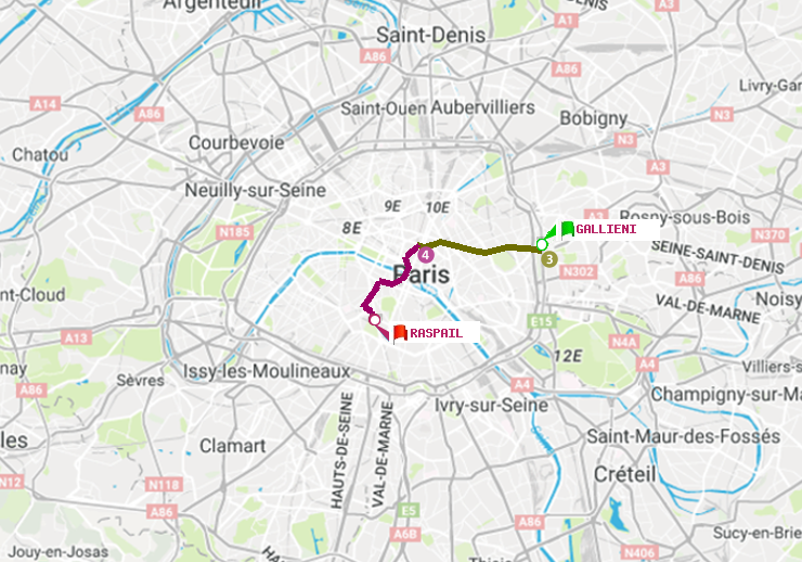plan itinéraire ratp de Gallieni (Parc de Bagnolet) à Raspail