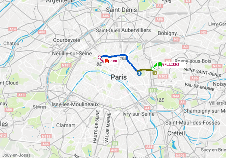 plan itinéraire ratp de Gallieni (Parc de Bagnolet) à Rome