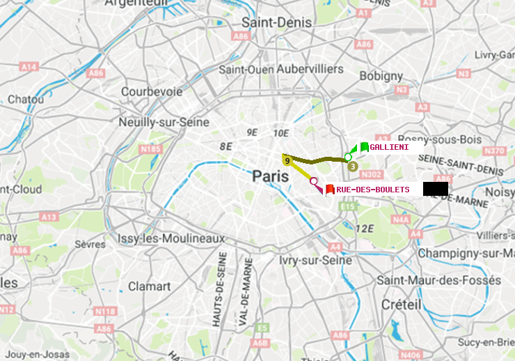 plan itinéraire ratp de Gallieni (Parc de Bagnolet) à Rue des Boulets