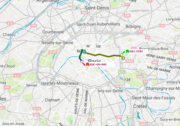 plan itinéraire ratp de Gallieni (Parc de Bagnolet) à Rue du Bac
