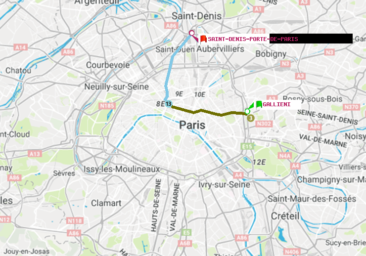 plan itinéraire ratp de Gallieni (Parc de Bagnolet) à Saint-Denis-Porte de Paris