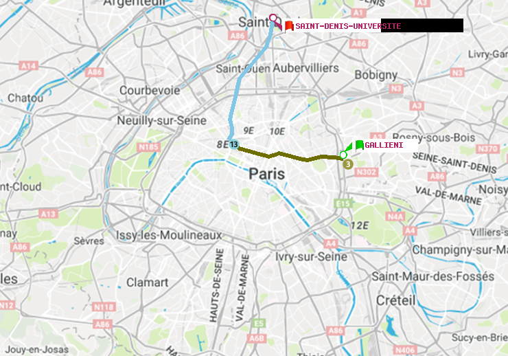 plan itinéraire ratp de Gallieni (Parc de Bagnolet) à Saint-Denis-Universite